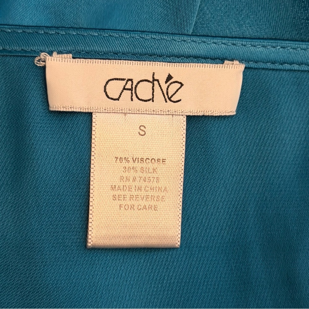 Vintage Cache Flutter Sleeves Teal Silk Blend Sheer Blouse with Tie Waist - Picture 9 of 11